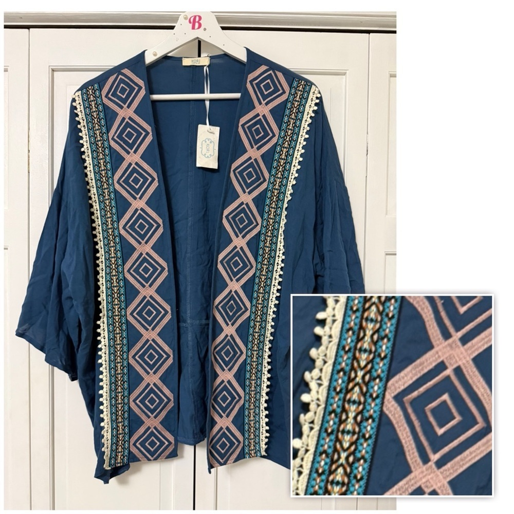 NWT Kori America Open Front Cardigan Kimono Aztec Boho Lagenlook Hippie Festival